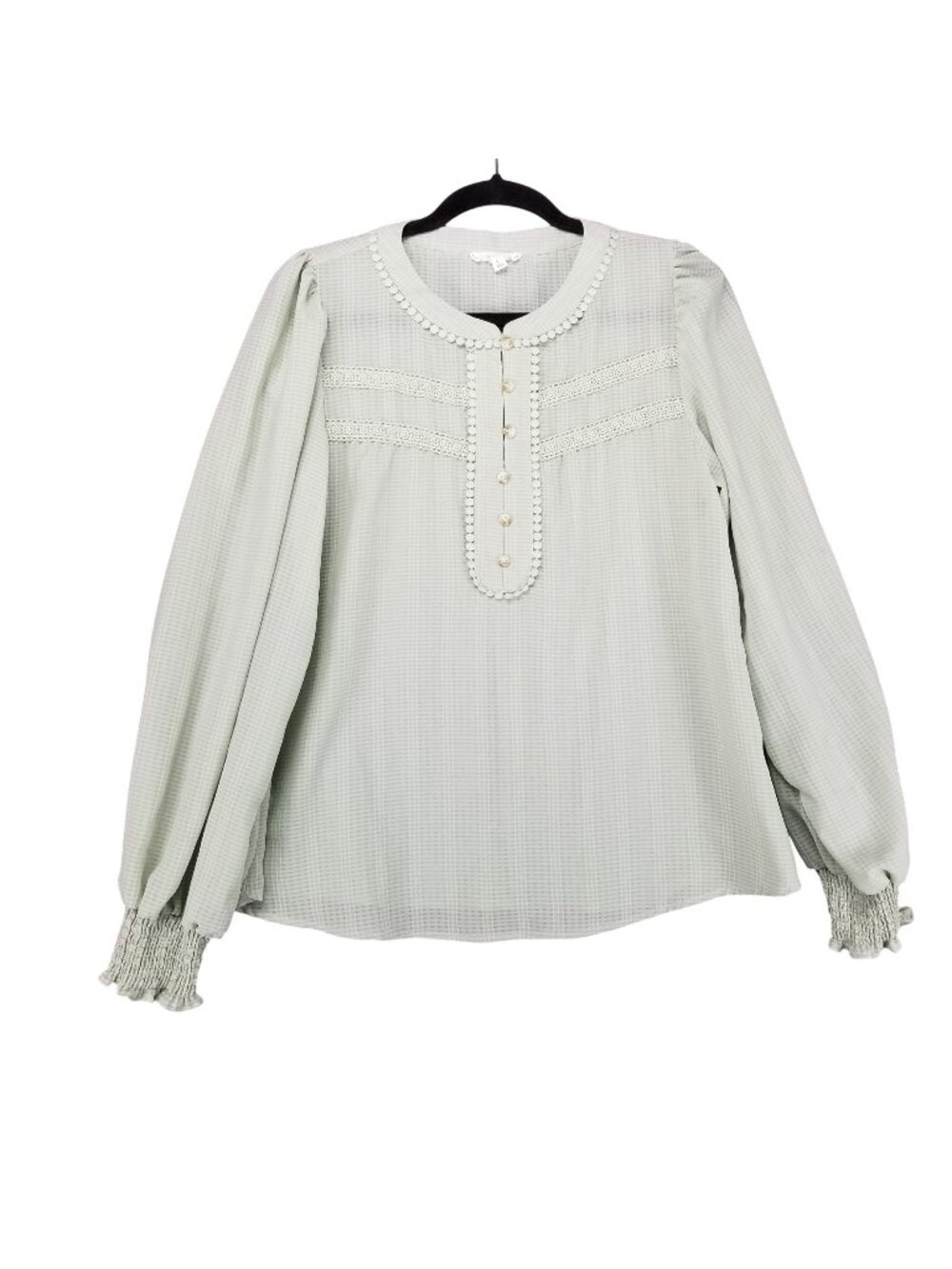Mine Shirt Womens Large Green Plaid 1/4 Button Lace Trim Puff Sleeve Blouse